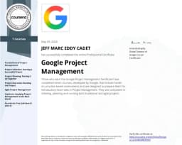 Google Project Management Professional Certificate awarded to Jeff Marc Eddy Cadet
